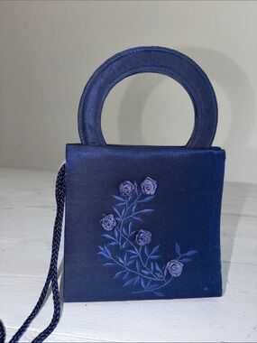 Classic Navy Floral Embroidered Top-Handle Bag